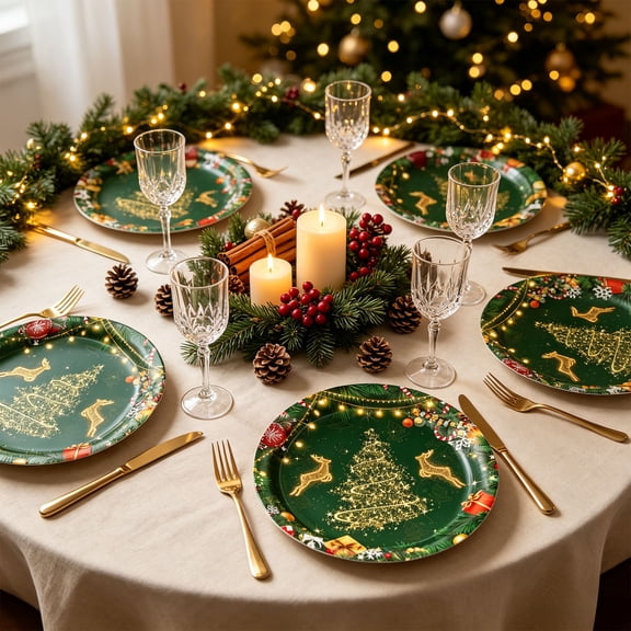Christmas Disposable Paper Tableware Plates Cups Napkins Leakproof Festive Designs for Holiday Dinner Party
