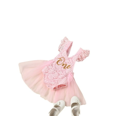 

Canrulo Newborn Baby Girls Romper Dress Mesh Lace One Letter Print Little Princess Party Dress Summer Clothes Pink 18-24 Months
