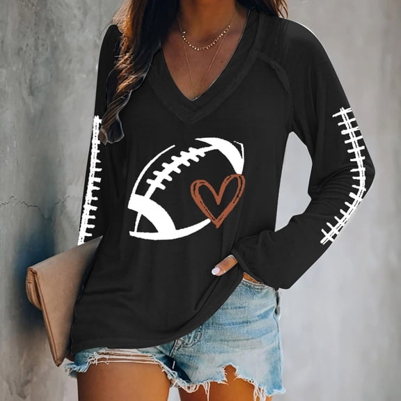 T Shirts for Women's Football Lover Casual V Neck Long Sleeve T Shirt Womens Fashion Top Shirts