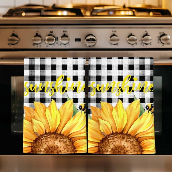 Sunflowers Kitchen Towels Set of 2, Black White Check Sunshine Buffalo Bee Absorbent Dish Towels for Kitchen, Microfiber Hand Towel, Quick Drying Tea Towel for Cleaning Decorative Dishcloths