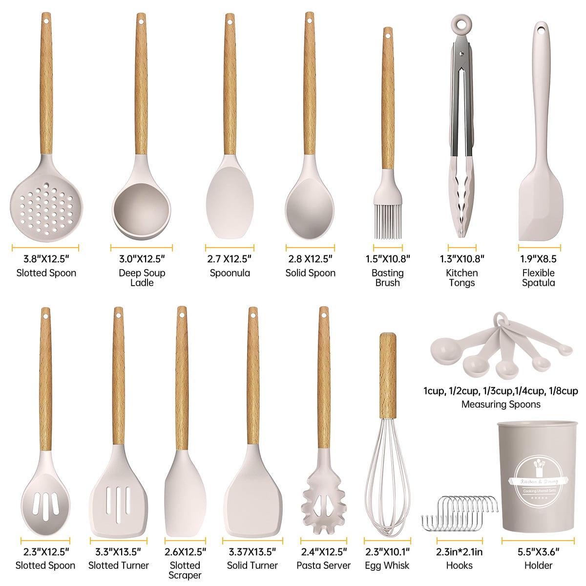 GPED 29 Pcs Silicone Kitchen Utensil Set, Cooking Utensils Set with Wooden Handle, Food Grade Silicone Spatula Set, BPA-Free, 446°F Heat Resistant Kitchen Gadgets Tools Set, Khaki