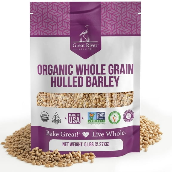 Great River Milling Organic Hulled Barley Grain  Whole Grain Barley for Home Milling, Cooking, and Baking  High Fiber, Non GMO, Kosher  5 Lb