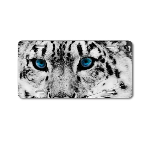DistinctInk Custom Aluminum Vanity License Plate for Front of Car - Snow Leopard Blue Eyes
