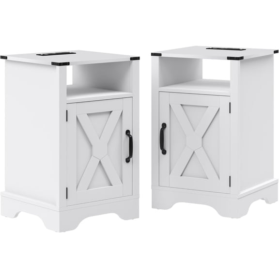 RoyalCraft Farmhouse Nightstand Set of 2 with Charging Station, Wooden End Table, Rustic Night Stand with Storage Cabinet and Shelf, Tall Bedside Table for Bedroom, Living Room, White