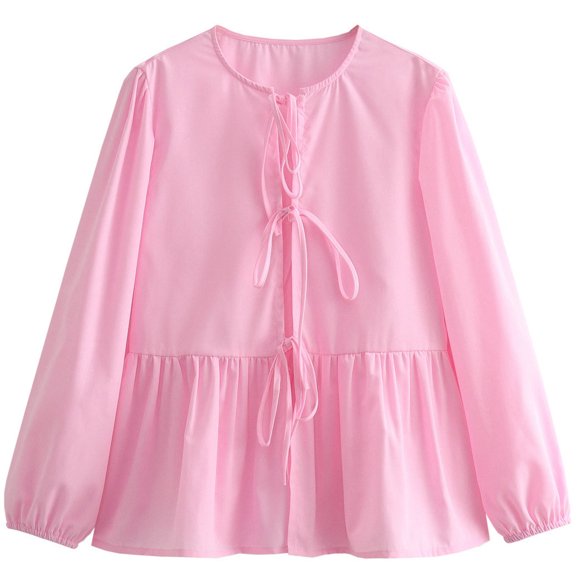 cfhntfmh Fall Outfits for Women Long Sleeve Peplum Blouses Tie Front Elegant Tops Crew Neck Babydoll Blouses Shirts