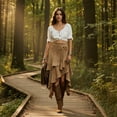 thumbnail image 4 of High Waisted Western Cowgirl Skirt, Asymmetrical Fringed Midi Skirt for Women, Vintage Boho Flowy Asymmetric Hem with Tassel Tie in Khaki & Brown, 4 of 6