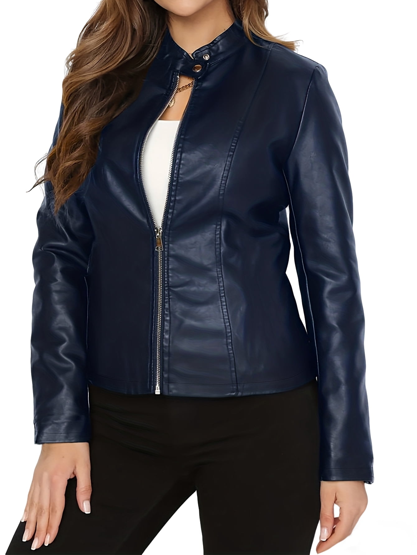 Women's Faux Leather Jacket, Stand Collar Moto Biker PU Coat for Women, Slim Fit Zippered Outwear for Casual Fall Winter Fashion