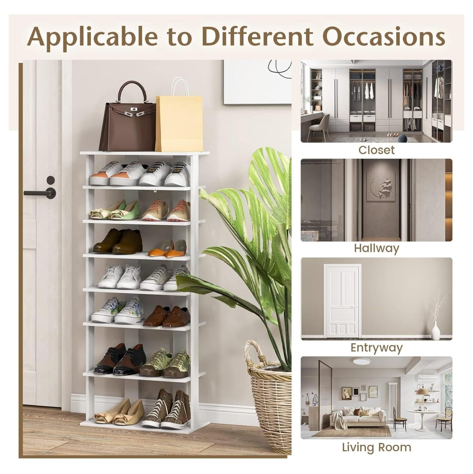 7 Tiers Vertical Shoe Rack, Wooden Slim Shoe Storage Shelf, Narrow Shoe Stand Tower for Boots, Space Saving Shoe Organizer for Closet, Entryway, Front Door (Large, White)