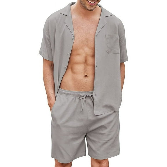 Aunavey Men's Linen Shirts Short Sleeve Button Up Shirts Beach Hawaiian 2 Piece Short Set