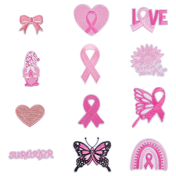 12Pcs 12 Styles Breast Cancer Awareness Embroidery Patches Pink Ribbon Iron on Patches Heart Butterfly Flower Rainbow Sew on Patch