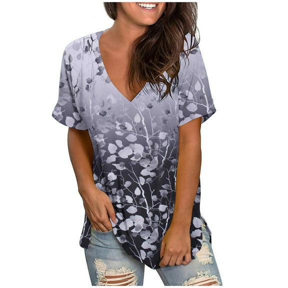 WXLWZYWL Women's Loose Tops Crewneck Print Tees Short Sleeve T Shirt Blouse Loose Tops Silver