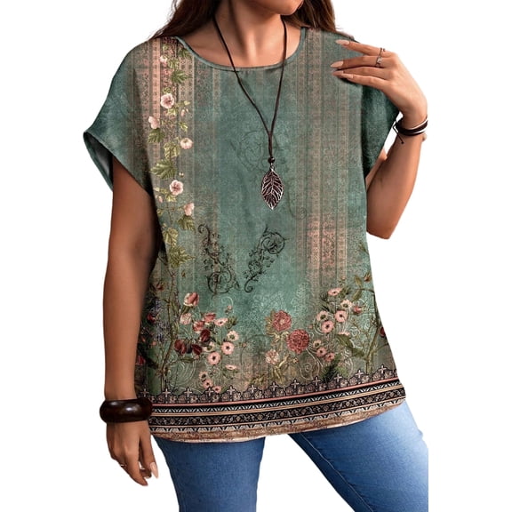SOMER Plus Size Tops For Women Vintage Floral Print Loose Short Sleeve T-Shirt Casual Summer Crew Neck Top