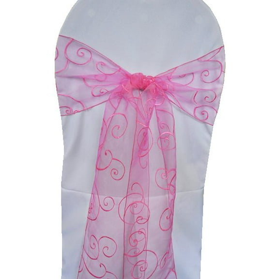 Wedding Linens Inc. (10pcs) 8'' x 108'' Embroidered Organza Sheer Chair Sashes Chair Bow Ties - Bubble Gum