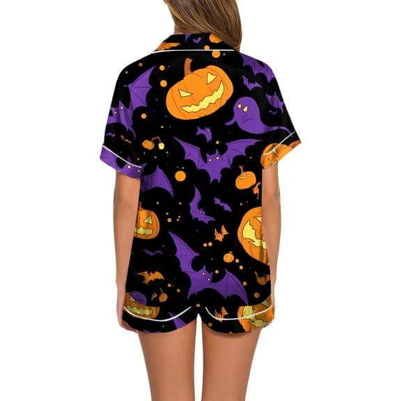 Fshinging Women's Pajamas Set Pumpkin Ghost Print Short Sleeve Shirts Tops Shorts 2 Piece Loungewear Sleepwear