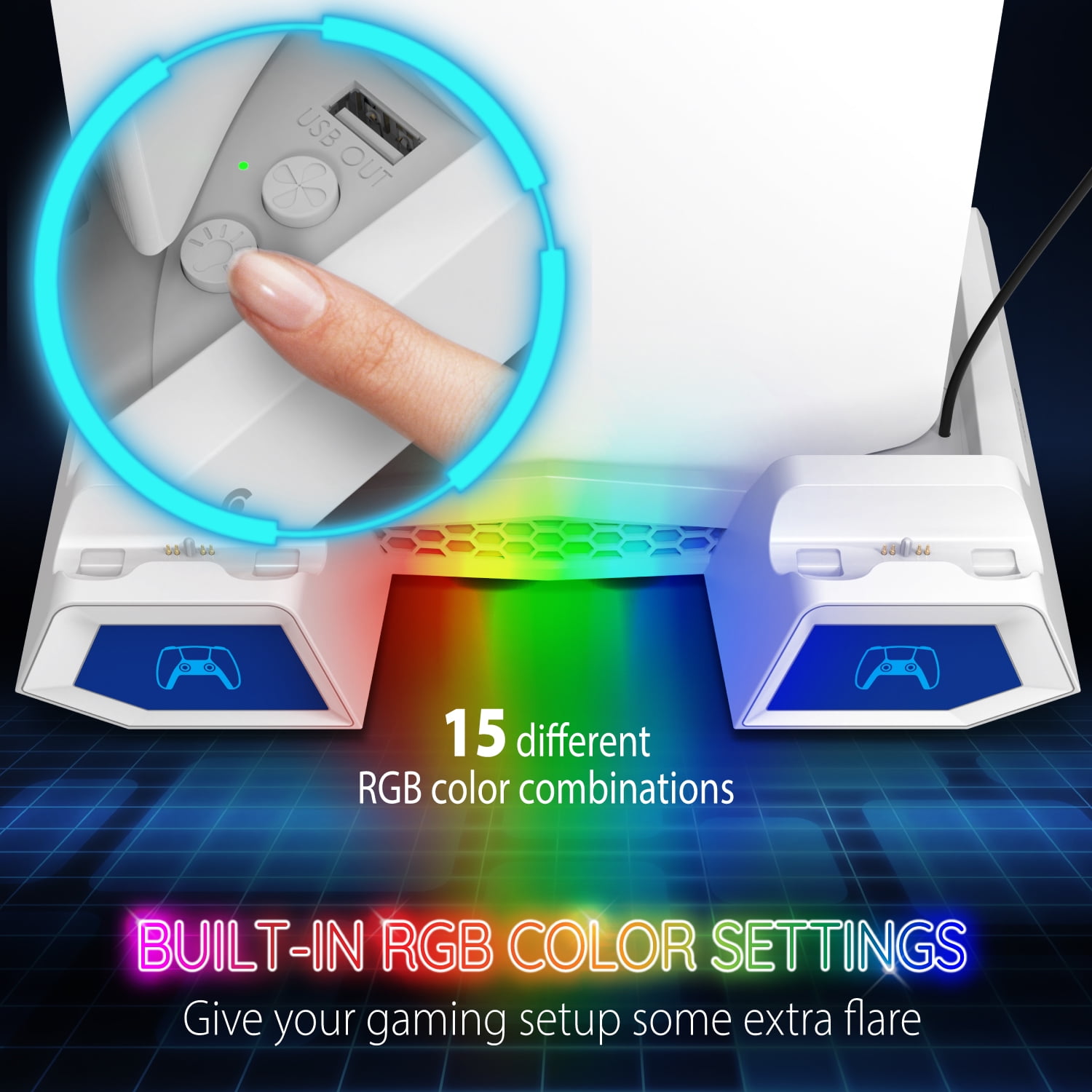 Fosmon PS5 Stand and Cooling Station with RGB LED Light, Dual Charging Station for DualSense/Edge Controller, 15 Game Slots, Headset Holder (Compatible with PlayStation 5 Slim Disc & Digital Version)