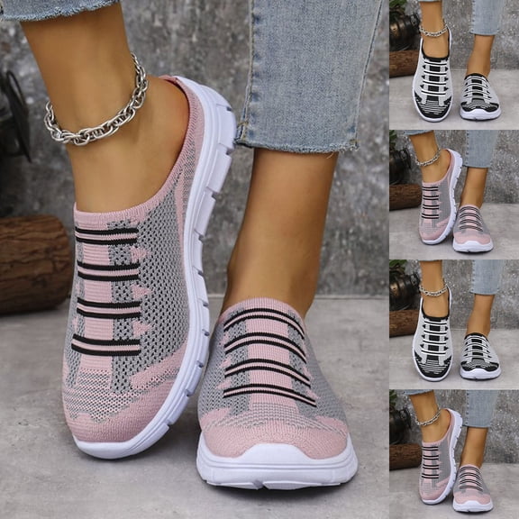 Bovxnpu House Slippers for Women Casual Indoor/Outdoor Shoes, Women's Casual Spring And Summer Shoes Round Toe Closed Toe Flying Mesh Breathable Thick-Soled Slippers Comfy Indoor House Shoes