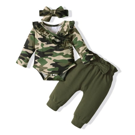 

NZRVAWS Newborn Baby Girls Outfits Long Sleeve Camouflage Print Romper Top+Elastic Bow Pants+Headband 3Pcs Clothes Set 6-9 Months Green