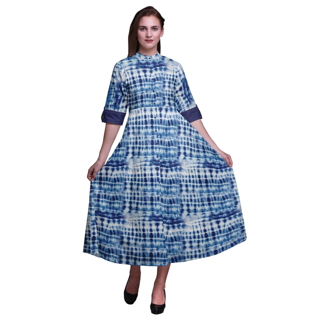 Bimba Robe à Manches Retroussables pour Femmes à Imprimé Shibori, Col Mandarin, Chemise Boutonnée - Petit