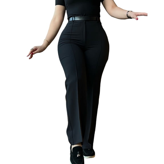 Zipper Fly High Waist Straight Leg Work Trousers Casual Elastic Back Waist Seam Front Business Pants