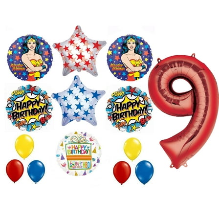 Wonder Woman 14 pc Superhero 9th Birthday Party Supplies and Balloon Decorations