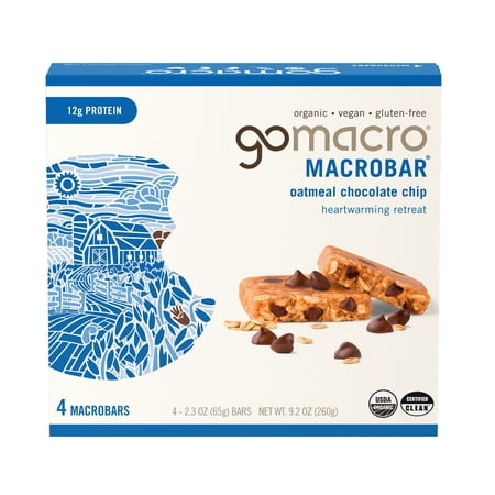 GoMacro MacroBar Organic Vegan Protein Bars - Oatmeal Chocolate Chip MacroBars 12 grams (4 Count)