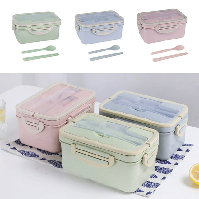 Caja de fiambrera Bento de 3 compartimentos 1000ml - Recipiente de preparación de comidas para adultos a prueba de fugas, microondas con palillos y cuchara - Rosa, Verde, Azul