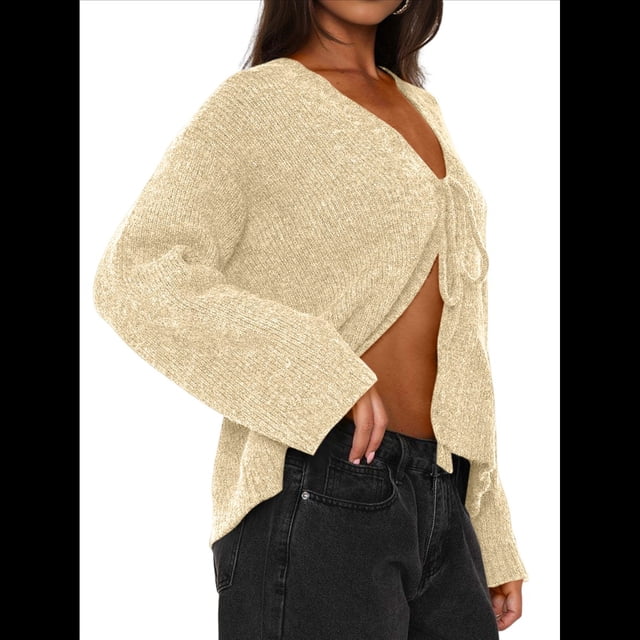 Suéter Tipo Cárdigan Corto con Lazo Frontal para Mujer, Cuello en V, Frente Abierto, Top de Punto Acanalado con Cable de Crochet Albaricoque L