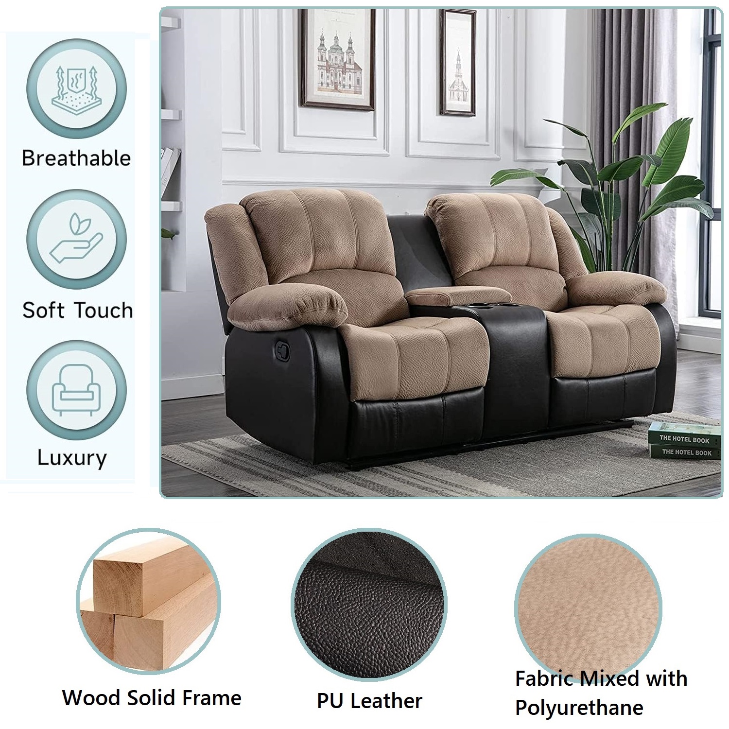 Nathaniel Home Manual Reclining Sofa, PU Leather Upholstered Double Recliner Loveseat, 2-Seater Home Theater Seating with Console, Arm Sofa Recline Chair for Living Room, Beige