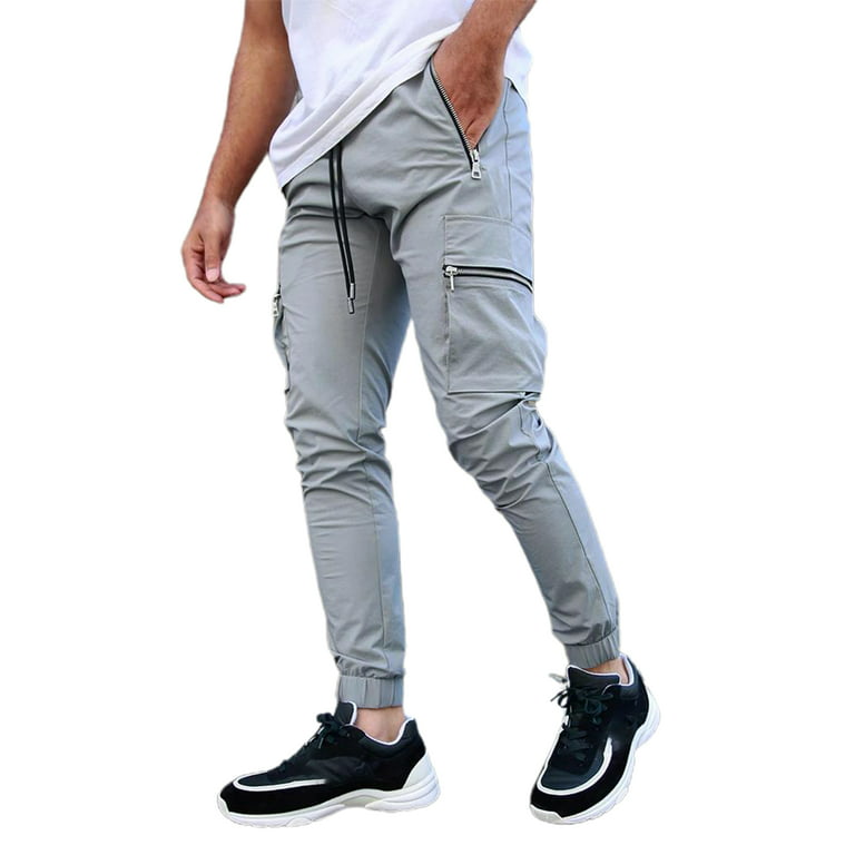 HES Men Sports Pants Multi-pockets Elastic Waist Ankle Length Casual  Comfortable Sweatpants for Jogging