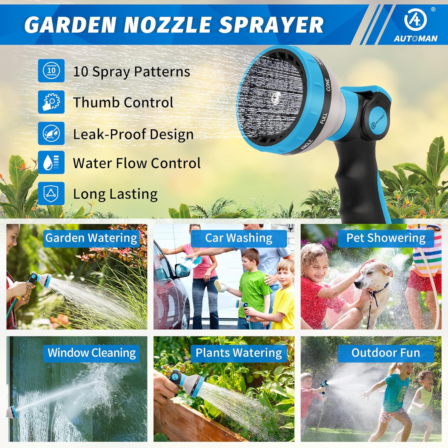 JJEAN-Garden Hose Nozzle Sprayer - 10 Spray Patterns, 2 Pack Thumb Control Water Hose Nozzle Outdoor, Heavy Duty Spray Nozzles for Watering Garden, Cleaning Window, Washing Car, Showering Pets