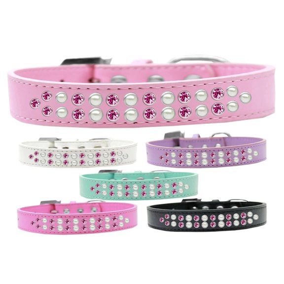 Dog, Puppy Pet Fashion Collar, "Two Row Pearl And Pink Crystal Rimsets"
