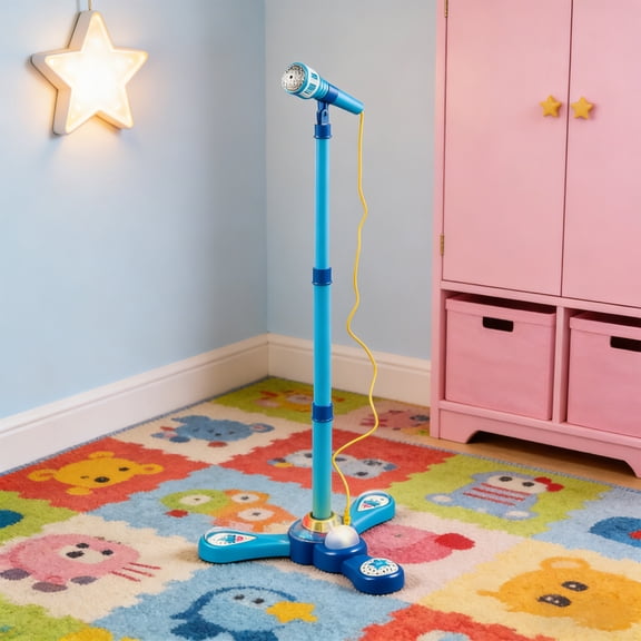 Kids Karaoke Microphone With Stand - Adjustable Stand, Flashing Stage Lights, 3 Aa Batteries Required (Not Included) - Blue, Gift For Teens 14