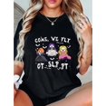 thumbnail image 2 of Women's Halloween Graphic Tee - "Come We Fly" Spooky Casual Short Sleeve T-Shirt, Soft Polyester Blend, Machine Washable, Black with White & Orange Design, 2 of 8