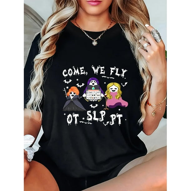 Camiseta Para Mujer Verano Suave Camiseta Con Cuello Redondo Para Mujer Para Caminar Por La CalleWomen's Halloween Graphic Tee - "Come We Fly" Spooky Casual Short Sleeve T-Shirt, Soft Polyester Blen