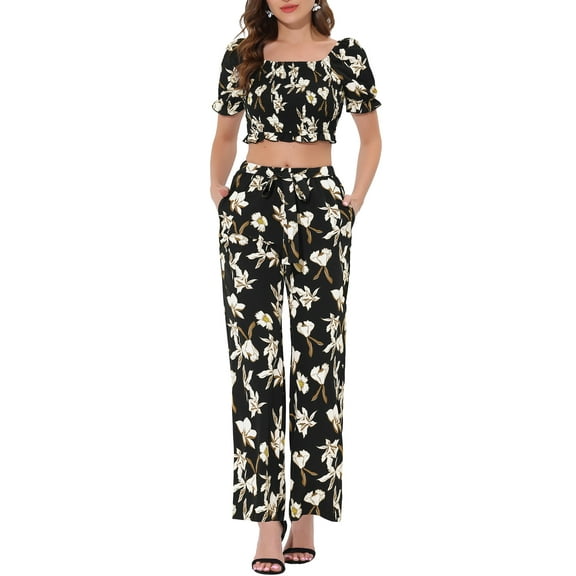 INSPIRE CHIC Women's Floral Square Neck Crop Blouse and Tie Waist Wide Leg Pants Set