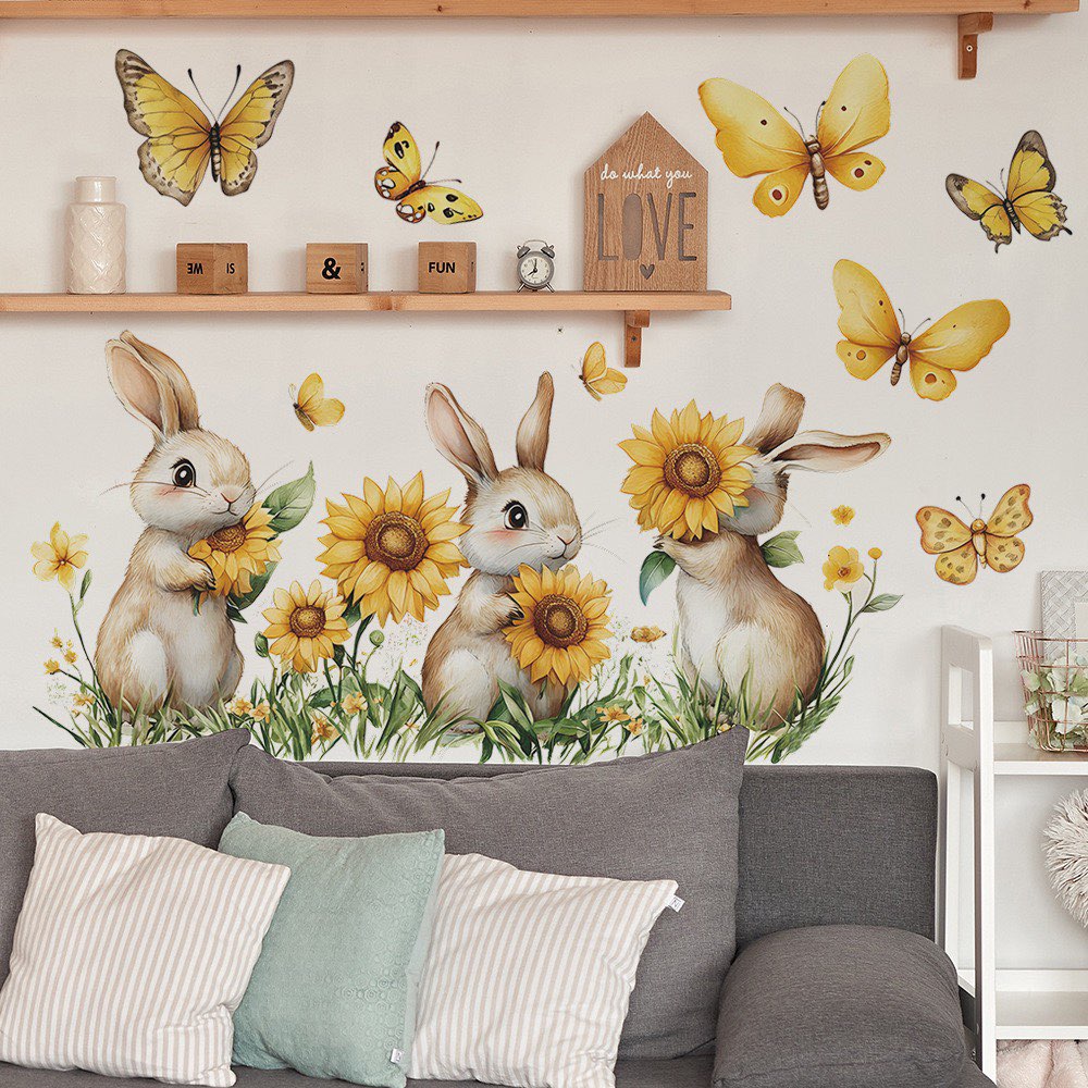 Rabbit and sunflower stickers, flower stickers, sunflowers Peel and Stick Wall Art Decals for Kids Bedroom Baby Nursery