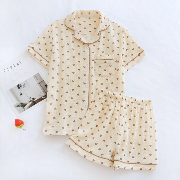 Gunia Summer Pajamas For Women Set Cotton Crepe Summer Thin Soft Lapel Short Sleeved Shorts Loving Home Wear Pajamas Set Sleepwear Pjs M-Xl