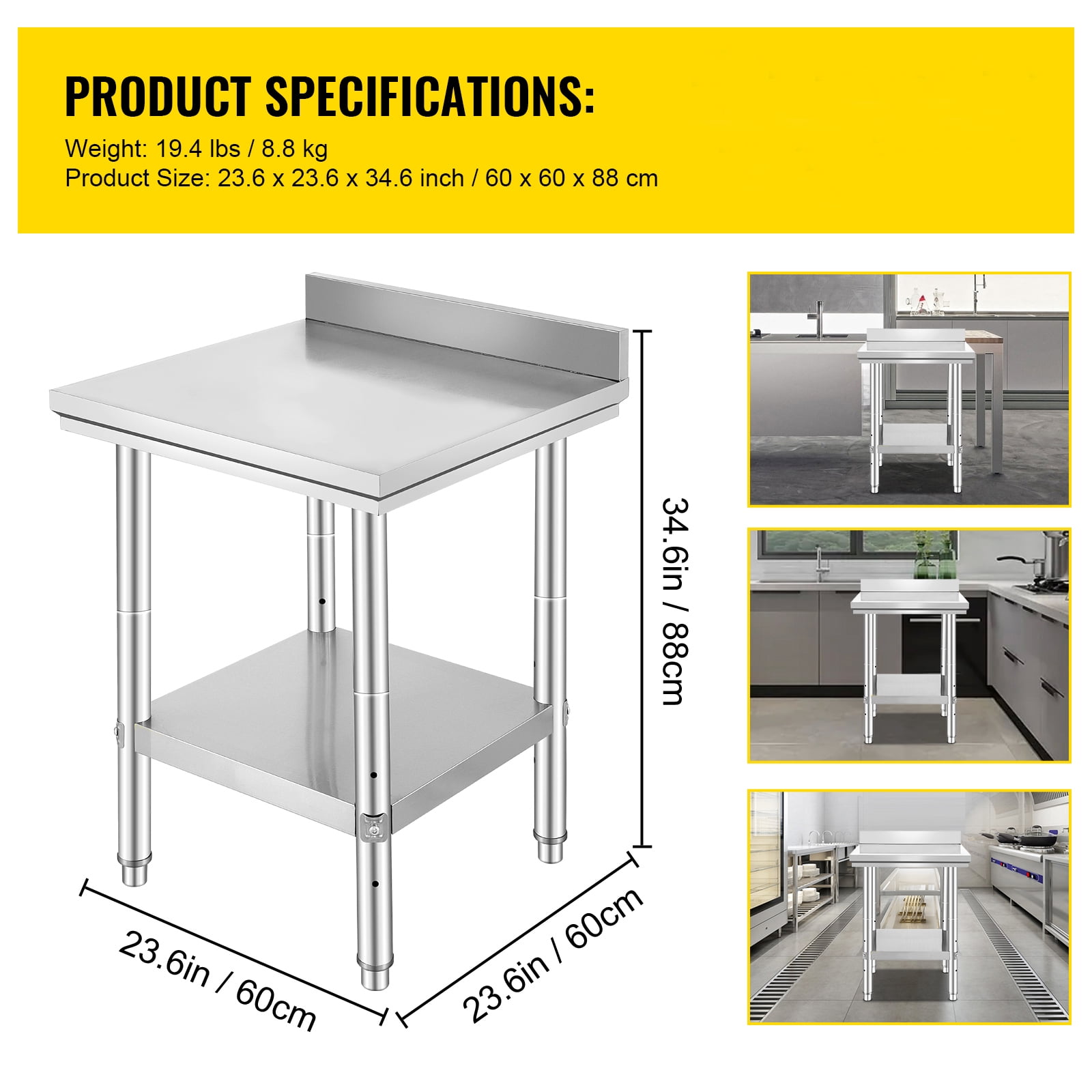 KFFKFF 24 x 24 x 35 Inch Stainless Steel Utility Table, Industrial Food Preparation Surface, Robust Prep Station, Metallic Stand with Customizable Height for Dining Establishments, Residences