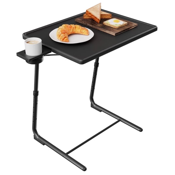 TV Tray Table with Cup Holders, Portable C-Shaped Side Dinner Tray Table, Adjustable 6 Heights & 3 Tilt Angle for Living Room, Bedroom, Black