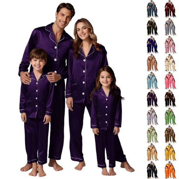 HNMKIU Christmas Family Pajamas Matching Sets Long Sleeve Silk Like Satin Sleepwear Pure Color Two Piece Set,Purple,XL