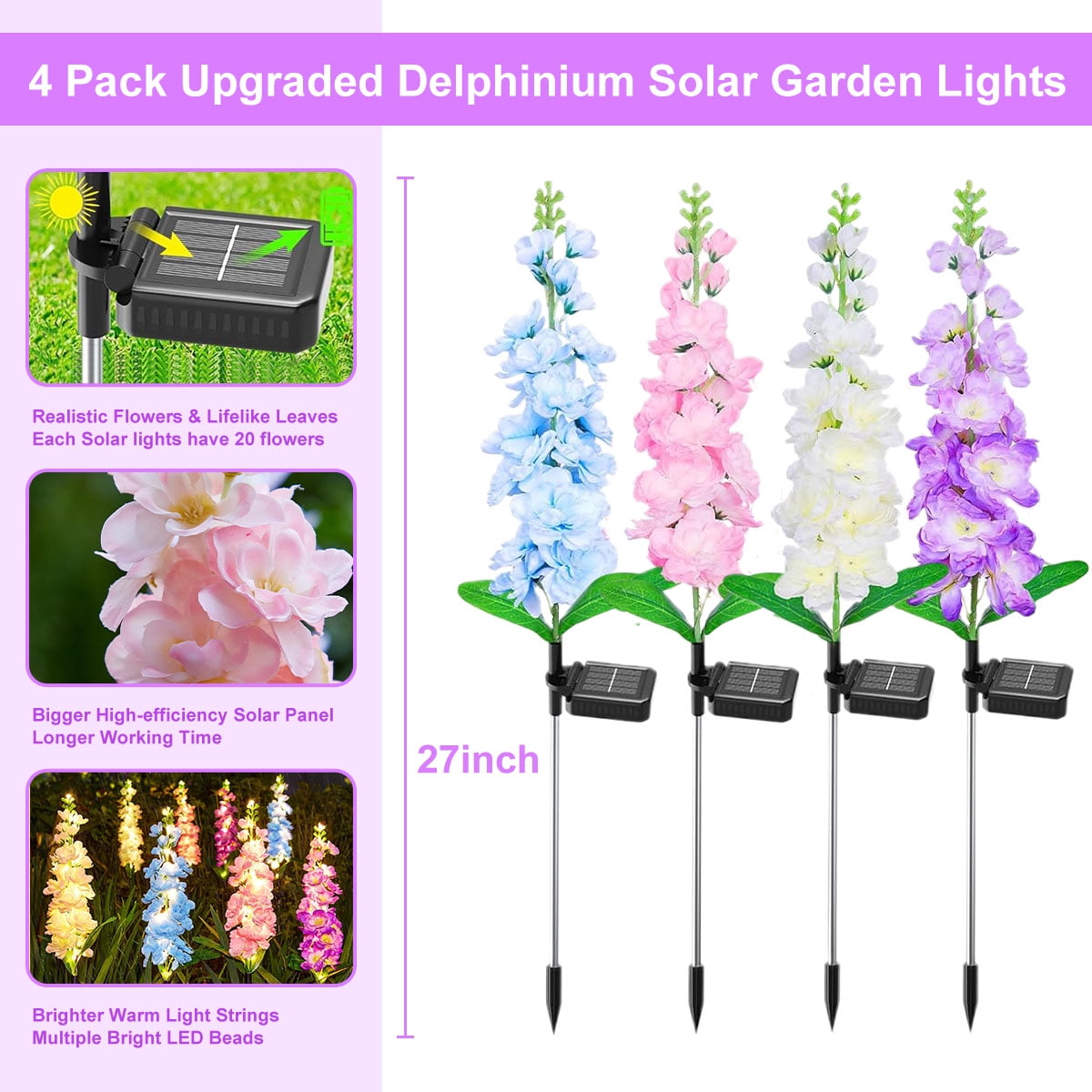 Syenll Delphinium Solar Flower Lights, 4 Pack Solar Garden Lights with 36 LEDs, Waterproof Solar Outdoor Lights for Yard Patio Lawn Decor