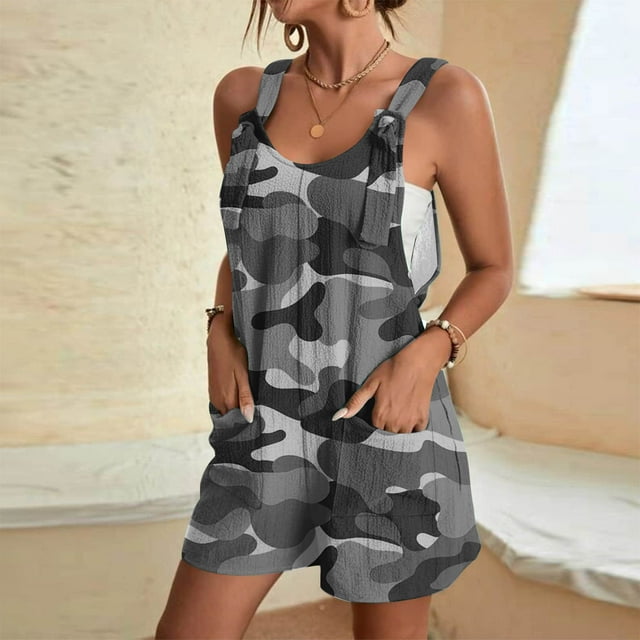 Babysbule Women's Beach Printed Overall Jumpsuit Suspender One Piece Sleeveless Wide Leg Shorts Rompers With Pockets