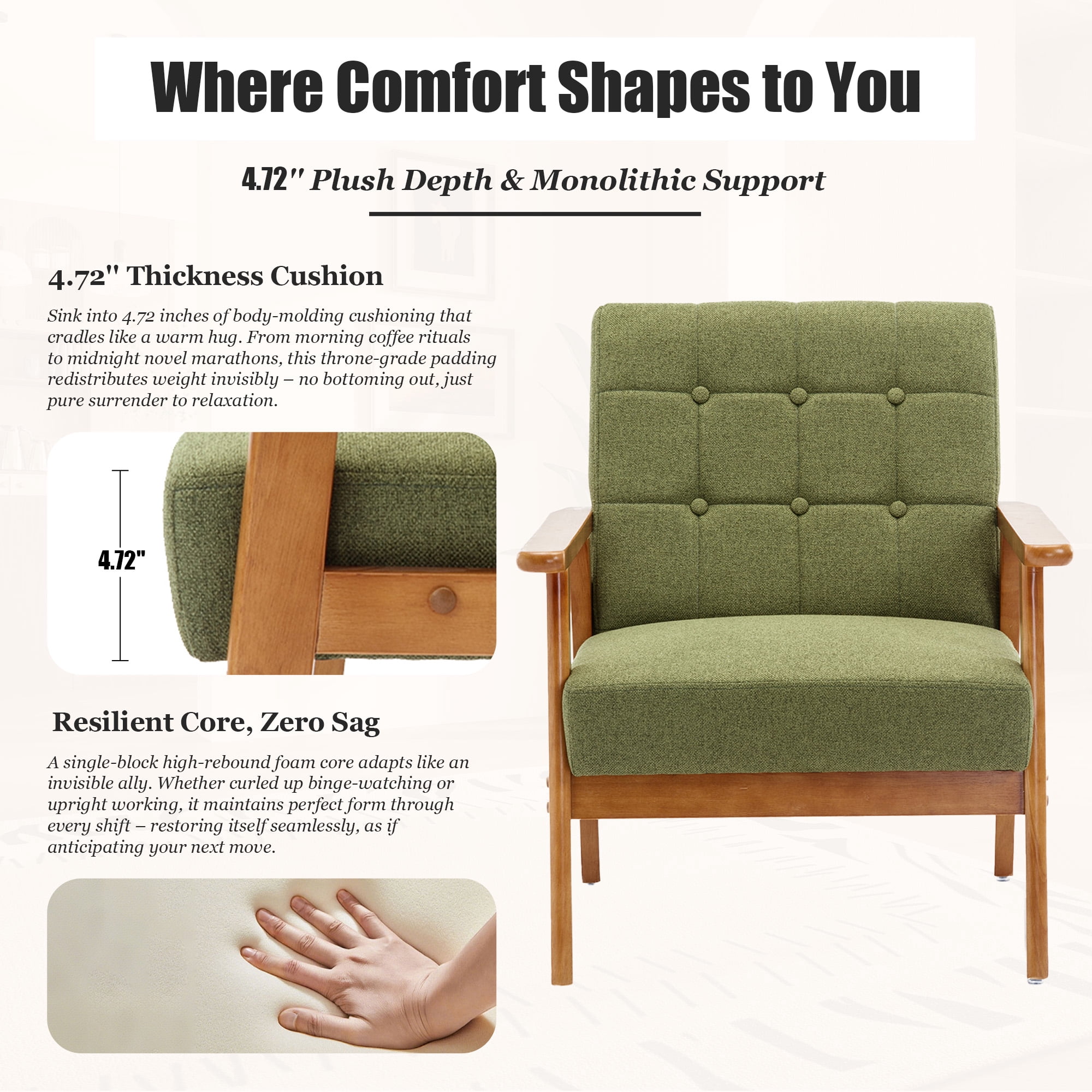 MOONMISS Mid-Century Modern Accent chair,Leisure Chair with Solid Wood Armrest and Feet