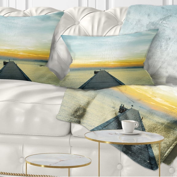Designart Boat Pier at Sunset - Seascape Photography Throw Pillow - 12x20