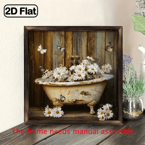 1pc Rustic Vintage Floral Bathtub Wall Art with Daisies Butterflies - Wooden Framed Farmhouse Decor, 8x8 Inch Multi-Room Sign for Bathroom, Bedroom, Living Room.