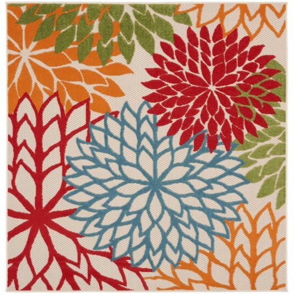 HomeRoots 5' Green Square Floral Power Loom Area Rug