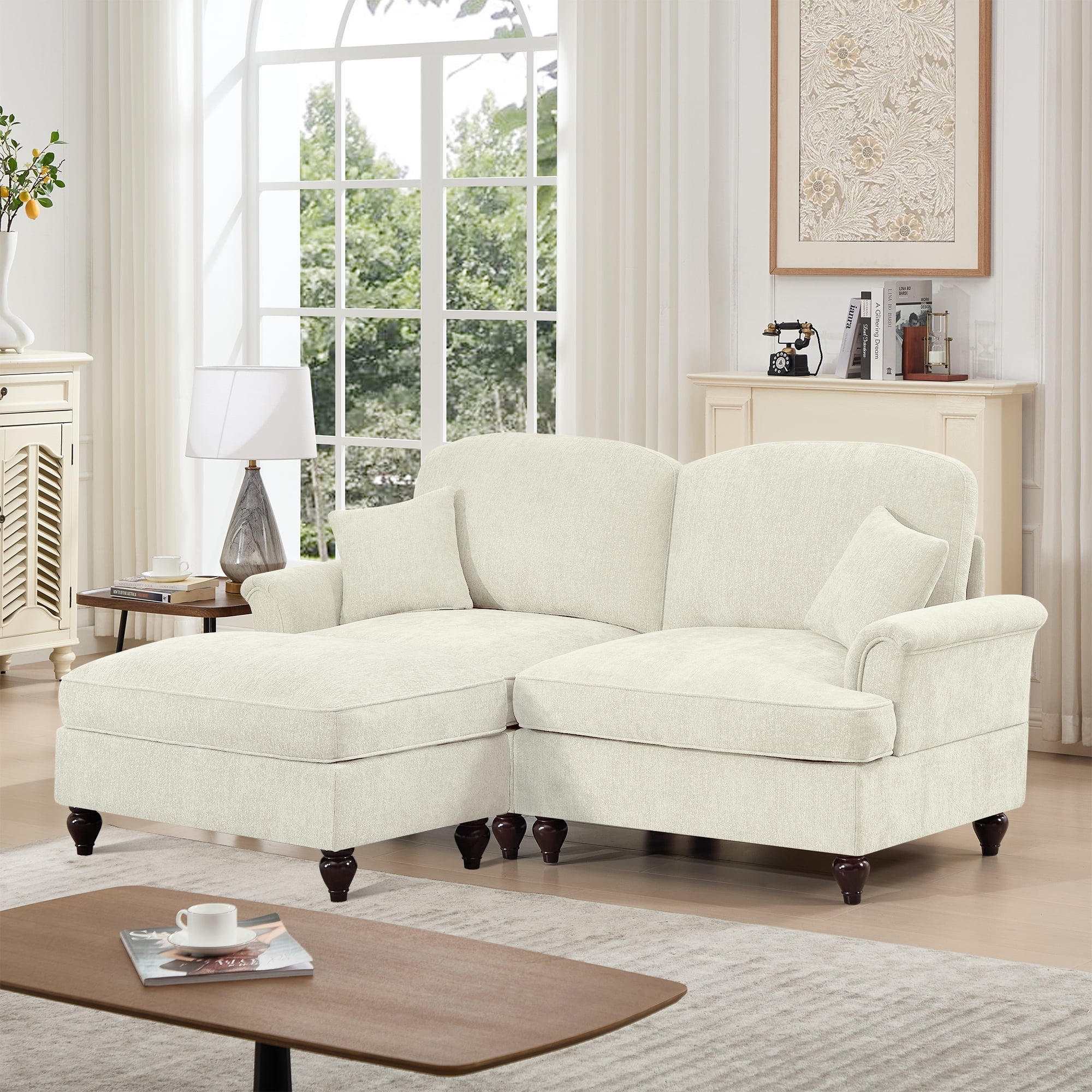 Newest Elegant Large Two Seater Modular L Shaped Sofa Couch, Flared Arms, Removable Ruffles Pleats Skirts, Spindle Legs,Comfy Chenille Loveseat Sofa, Movable Ottoman,Beige White