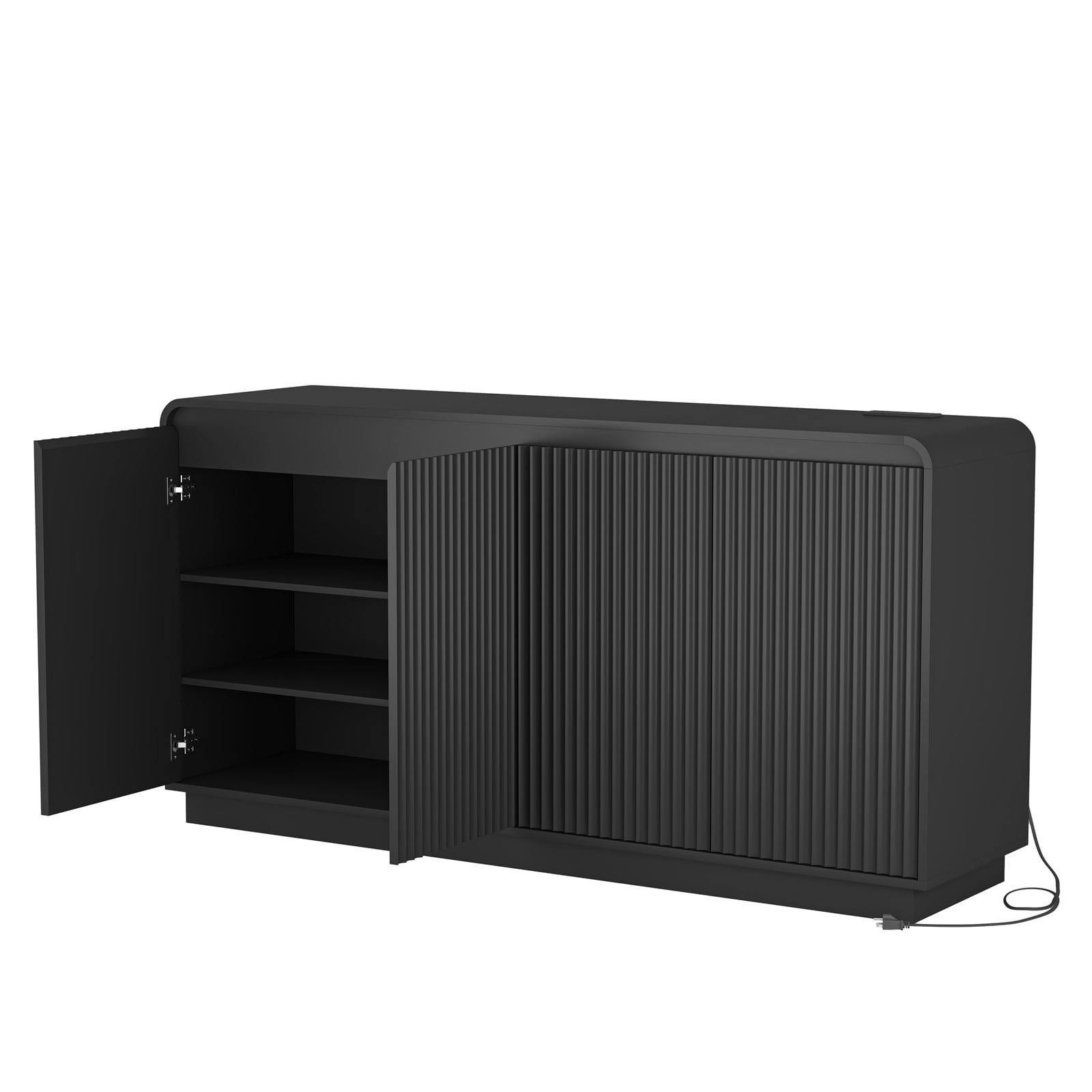 Hommoo Wooden Fluted Sideboard Buffet Cabinet with 4 Doors, Adjustable Shelves & Power Outlet, Multifunctional 3-Tier Storage Cabinet Credenza for Home, Office, Black