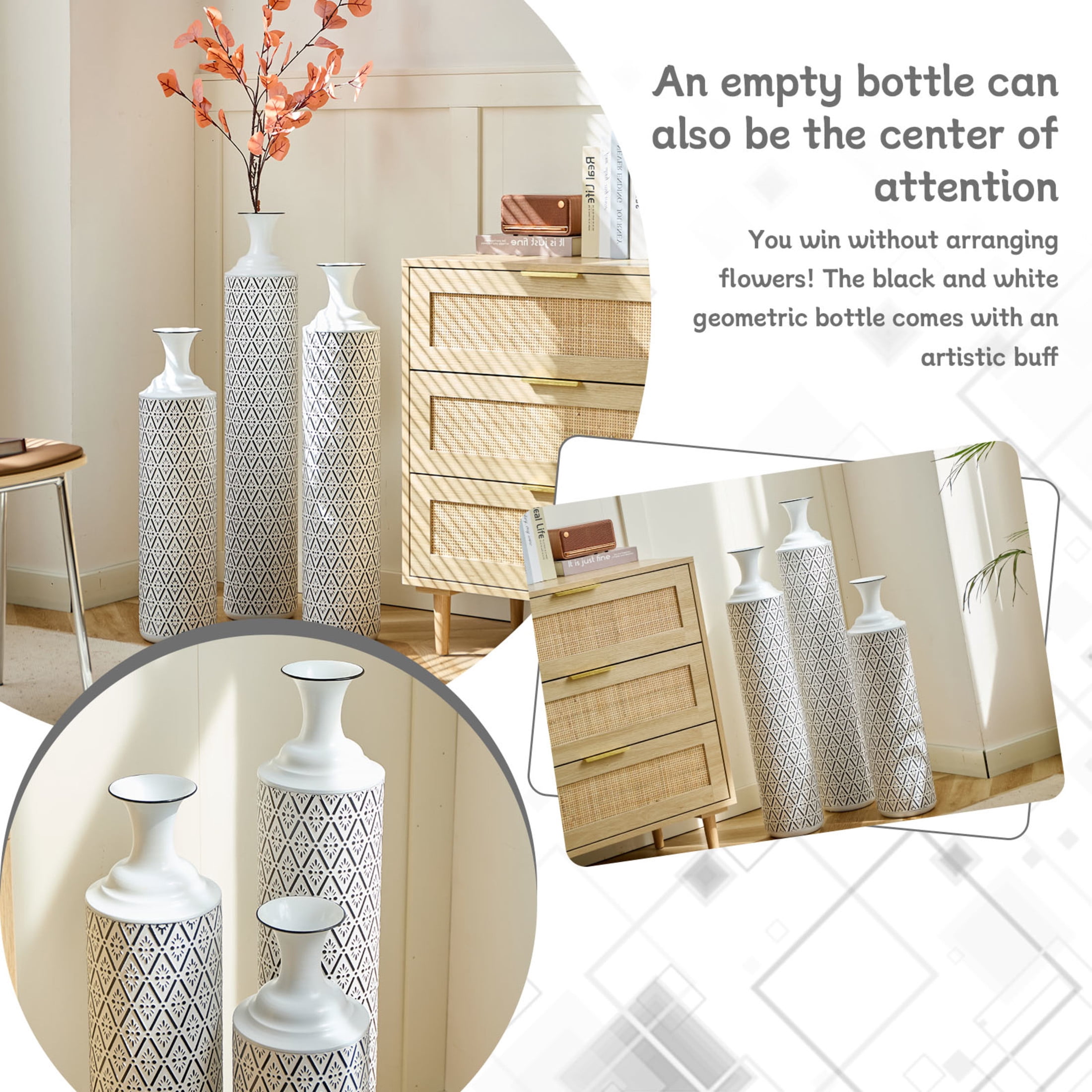 Noble House 33.85", 29.13", 24.8" Metal Floor Vase Set of 3, Geometric Pattern, White+Black