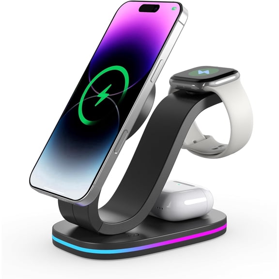 Qi2 Certified Magnetic Wireless Charging Station, 15W Fast 3-in-1 Charger for iPhone 16/15/14/13/12 Series, Apple Watch Ultra/1-8, AirPods Pro/1-3